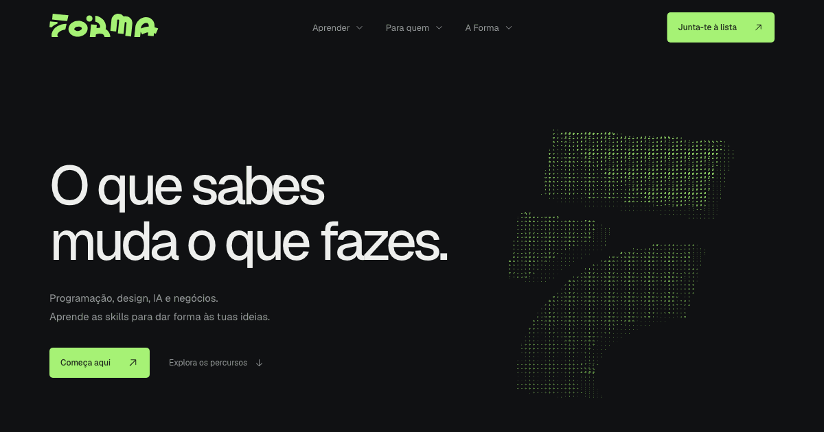 Página inicial da Forma, com o símbolo da marca em ASCII. Pré-lançamento, setembro de 2026.